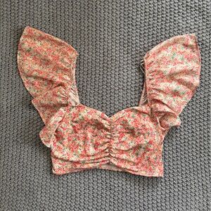 Zara Flutter Sleeve Ruched Crop Top in Red and Green